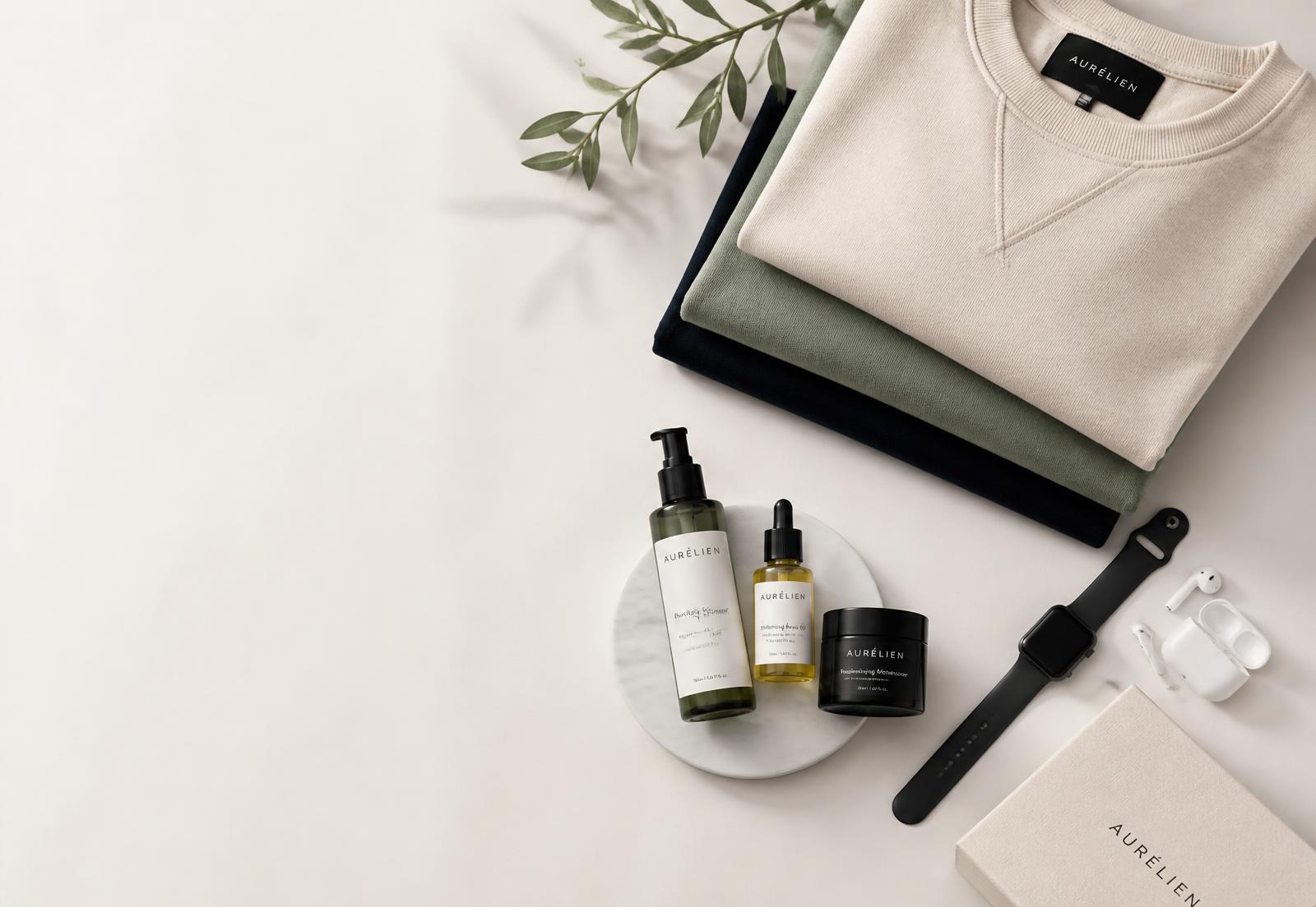 Editorial arrangement of clothing, beauty products and electronics